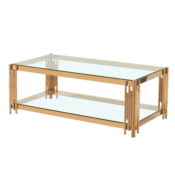 Coffee Tables -Rectangular Tempered Glass Top with Steel Frame - Gold