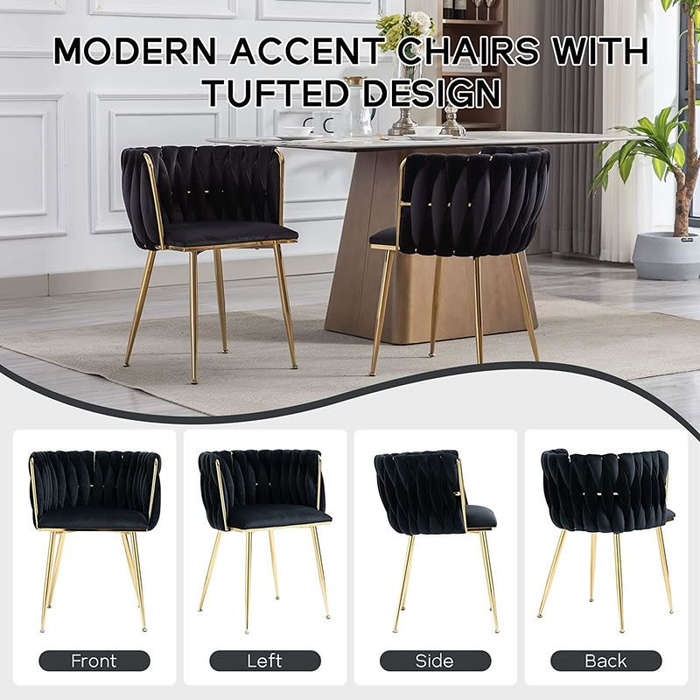 Modern Velvet Dining Room Chair with Woven Back and Gold Metal Legs - Black