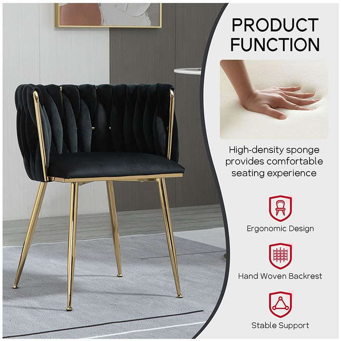Modern Velvet Dining Room Chair with Woven Back and Gold Metal Legs - Black