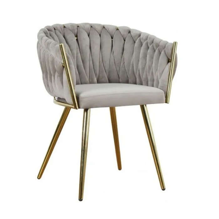 Modern Velvet Dining Room Chair with Woven Back and Gold Metal Legs - Grey