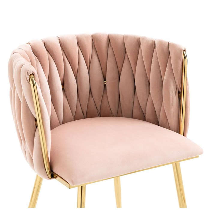 Modern Velvet Dining Room Chair with Woven Back and Gold Metal Legs - Pink