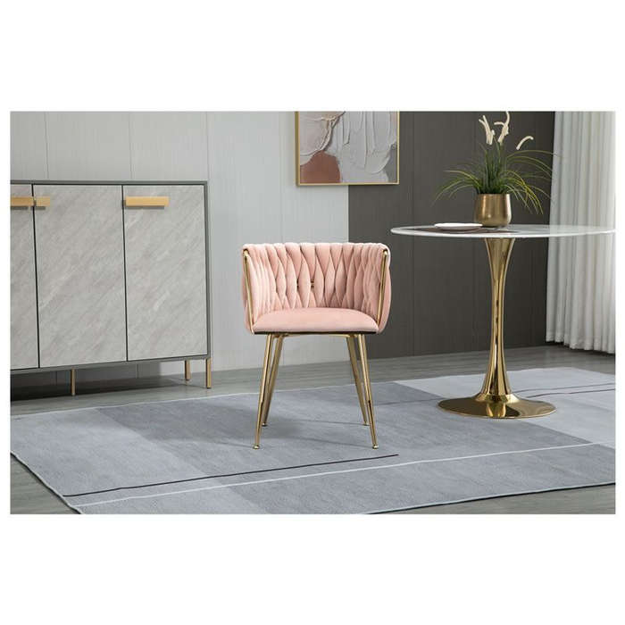 Modern Velvet Dining Room Chair with Woven Back and Gold Metal Legs - Pink