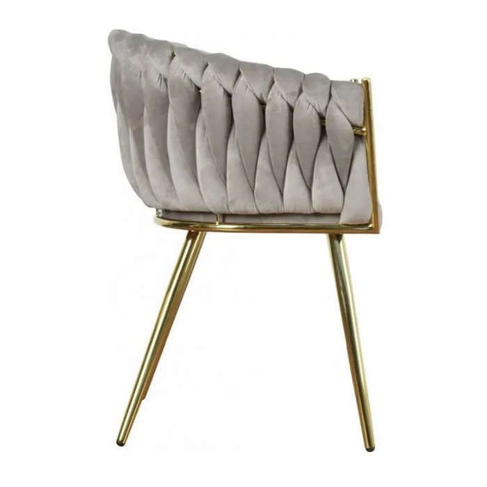 Modern Velvet Dining Room Chair with Woven Back and Gold Metal Legs - Grey