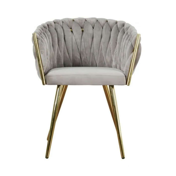 Modern Velvet Dining Room Chair with Woven Back and Gold Metal Legs - Grey