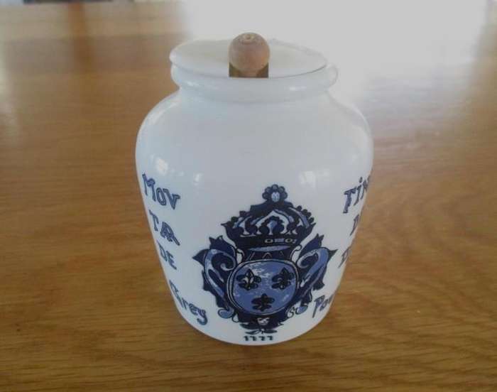 Vintage/antique Dijon Mustard pot with wooden spoon