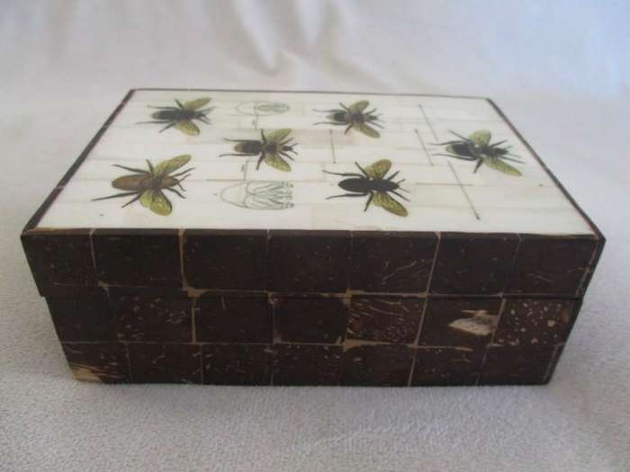 Indonesian hand painted bee box with bone and coconut husk "mosaic" tiles - unique!!