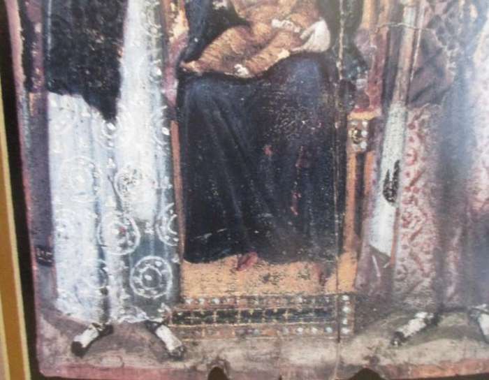 Beautiful vintage framed religious print - Virgin & Child with angels and Saints George & Theodore