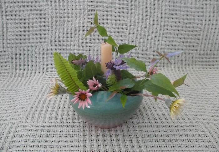 Beautiful turquoise glazed pottery candle holder cum vase - great centre piece