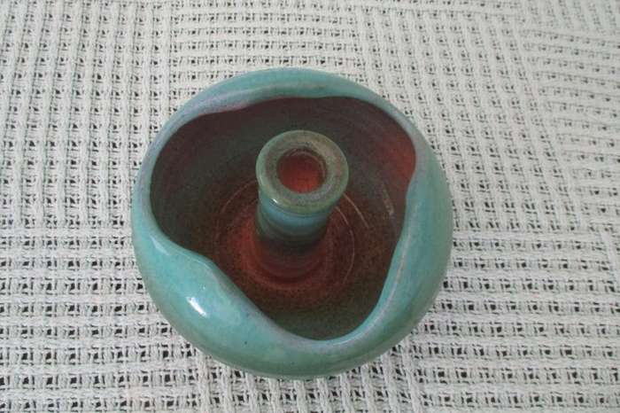 Beautiful turquoise glazed pottery candle holder cum vase - great centre piece