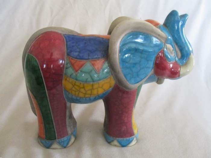 Very large collectable Raku elephant - signed by artist - awesome colours!