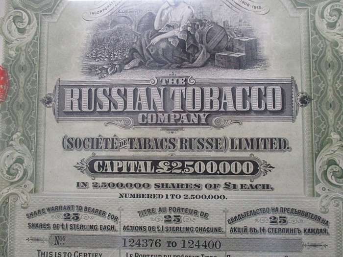Interesting find!  1915 original, uncancelled share certificate - The Russian Tobacco Company