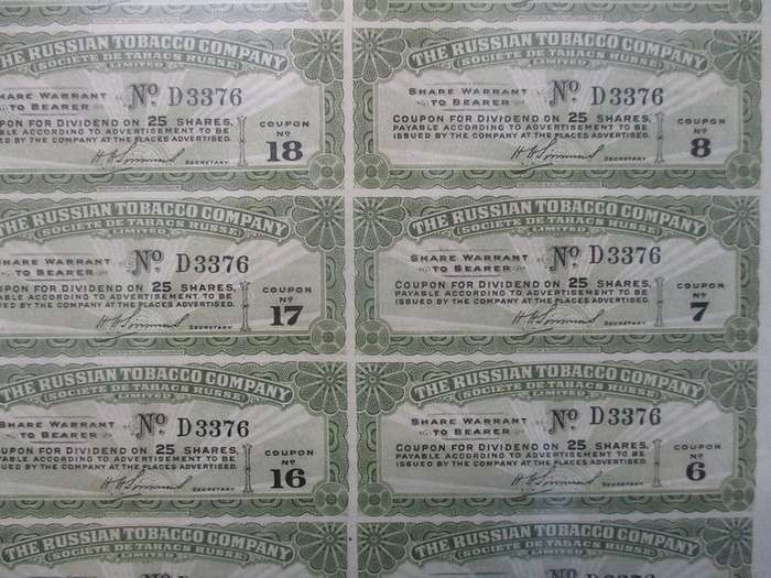 Interesting find!  1915 original, uncancelled share certificate - The Russian Tobacco Company
