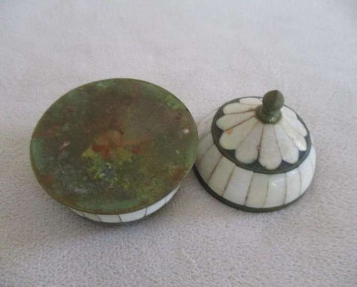 A batch of five small vintage bone/tusk, metal and ceramic Chinese collectables