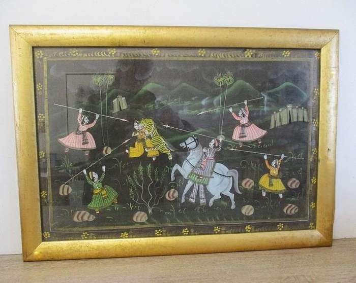 Large vintage/antique Indo-Persian Mughal painting - Maharajah Tiger Hunt (ignore reflections)