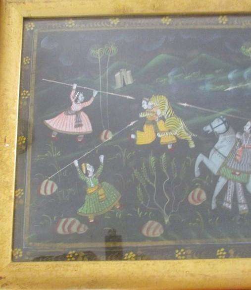 Large vintage/antique Indo-Persian Mughal painting - Maharajah Tiger Hunt (ignore reflections)