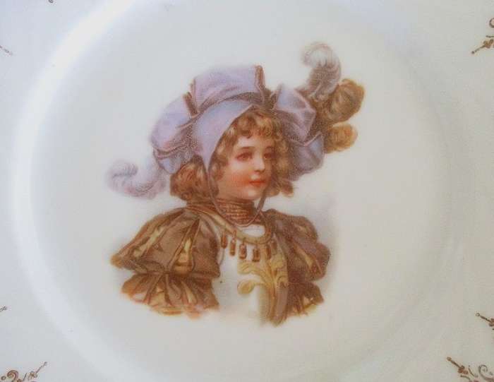 1. Two vintage porcelain display plates of two Victorian young ladies - with hangers