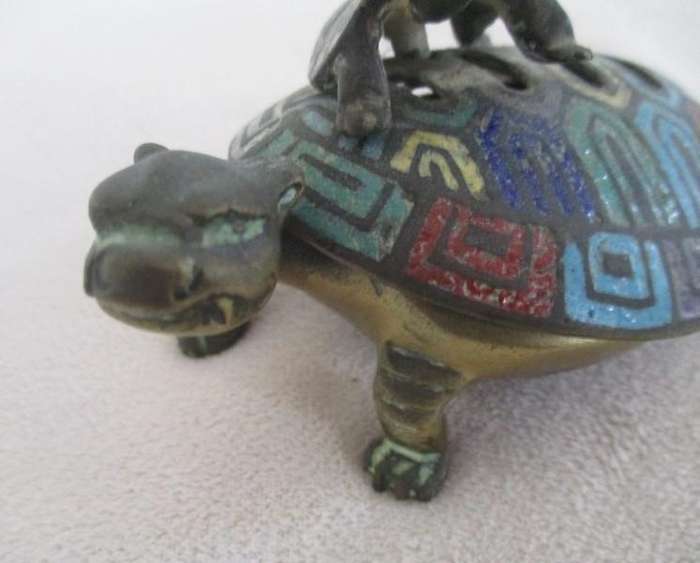 Antique Asian (Chinese) Enamel Bronze Turtles Incense Burner/Censer - high value