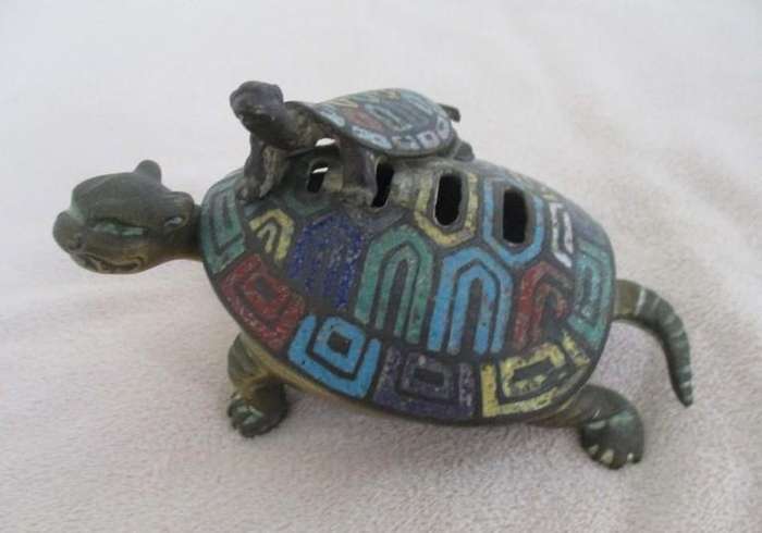 Antique Asian (Chinese) Enamel Bronze Turtles Incense Burner/Censer - high value
