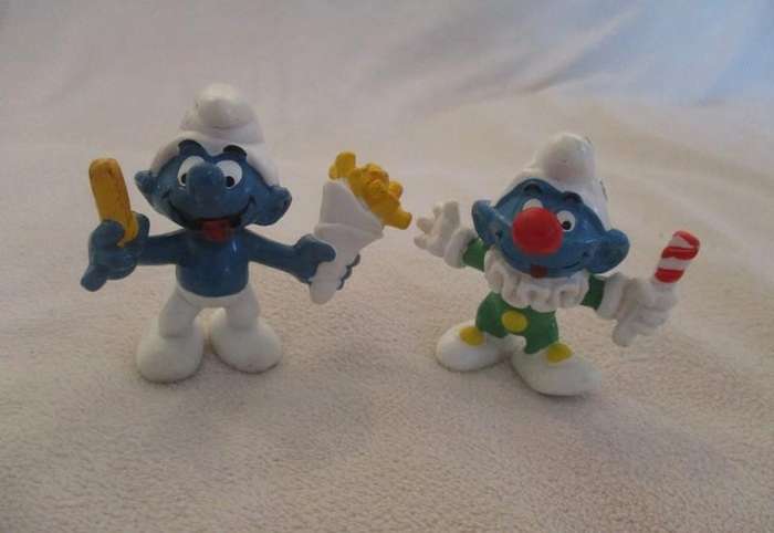 Two rare Schleich Smurfs - 1976 Jester Smurf (W. Germany) and 1980 French Fries Smurf (Hong Kong)