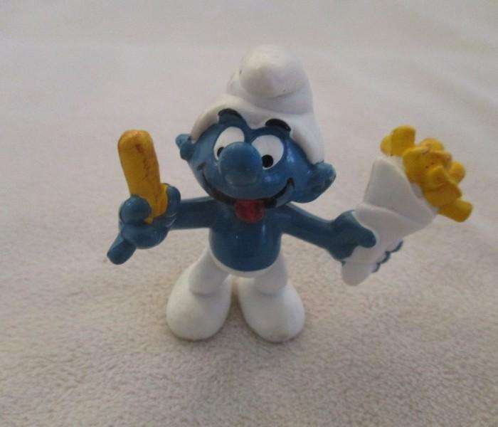 Two rare Schleich Smurfs - 1976 Jester Smurf (W. Germany) and 1980 French Fries Smurf (Hong Kong)