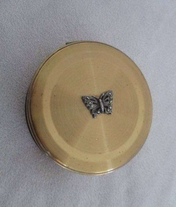 Vintage 1960's/70's Margaret Rose gold toned vanity trinket box with filigree & rhinestone butterfly