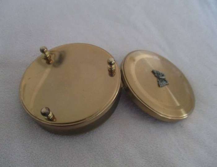 Vintage 1960's/70's Margaret Rose gold toned vanity trinket box with filigree & rhinestone butterfly
