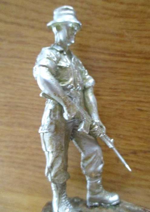 Metal S A Border War Troopie on copper stand - "Ons sal antwoord op jou roepstem"