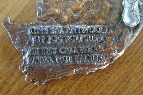 Metal S A Border War Troopie on copper stand - "Ons sal antwoord op jou roepstem"