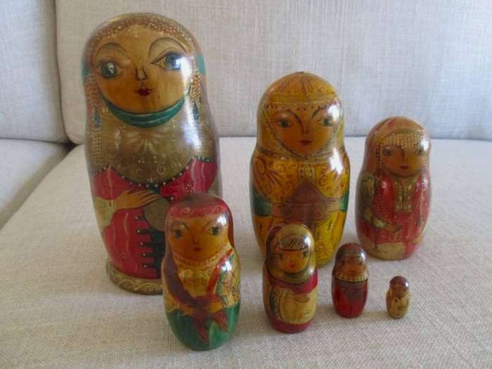Exceptional large antique seven piece Matryoshka nesting doll set - each medieval lady different!!