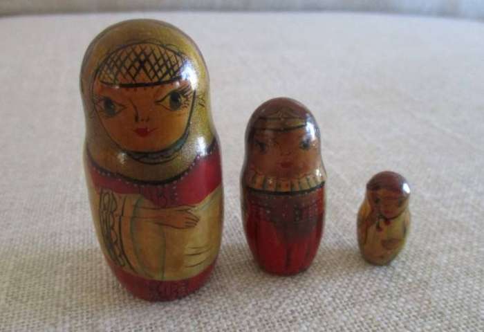 Exceptional large antique seven piece Matryoshka nesting doll set - each medieval lady different!!