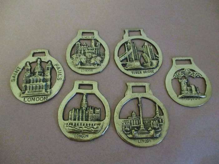 Six London themed horse brasses