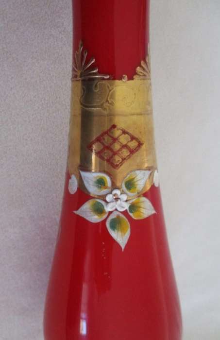 Clear pontil mark - Unusually large Murano hand blown and painted vase with floral & gilt design