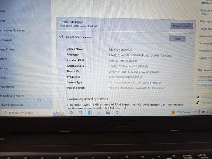Asus VivoBook X543U (Core i3 / 20GB RAM / 512GB SSD)