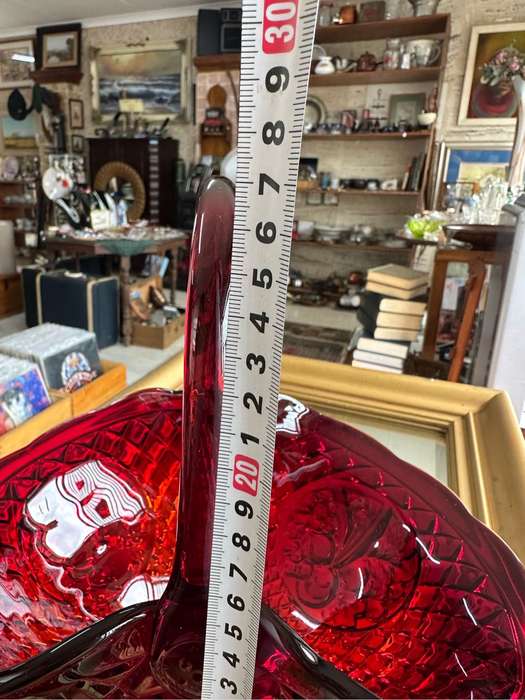 Stunning Heavy Pressed Glass Basket in red / orange.
