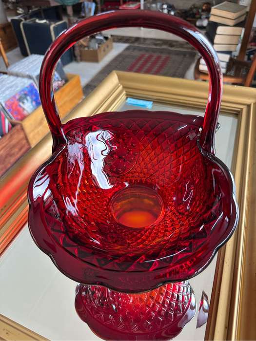 Stunning Heavy Pressed Glass Basket in red / orange.