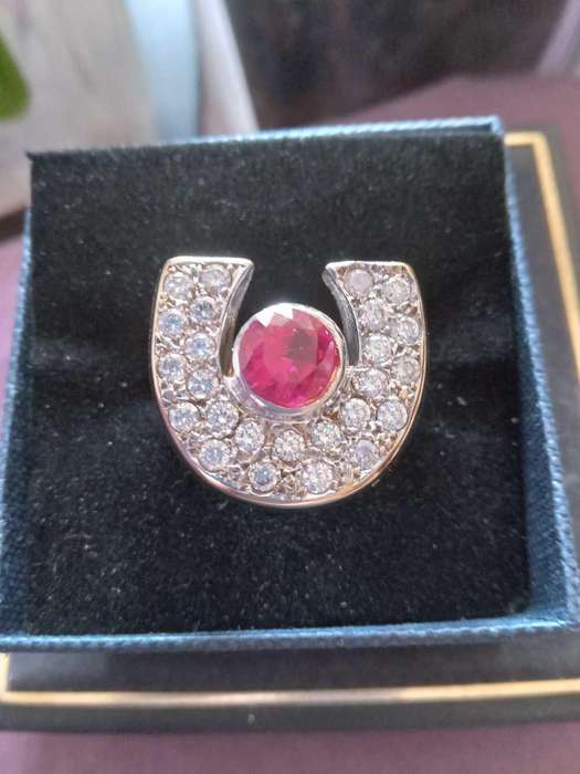 18ct Yellow Gold Red Gemstone (Ruby??) and CZ Men's Horse Shoe Ring