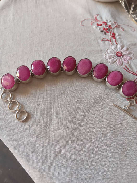 Genuine Ruby Quartz Gemstone Bracelet Set in Sterling Silver Over Copper