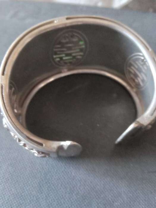 Rare Vintage Indo-Chinese Silver And Apple Green Jadeite Jade Cuff Bangle - (69.5g)