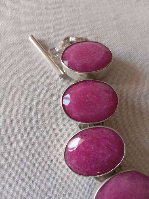 Genuine Ruby Quartz Gemstone Bracelet Set in Sterling Silver Over Copper
