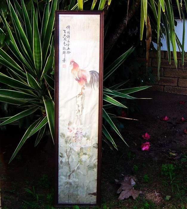 A late 1800`s Japanese silk embroidery of cockerel and peony