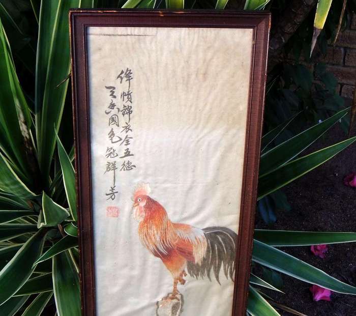 A late 1800`s Japanese silk embroidery of cockerel and peony