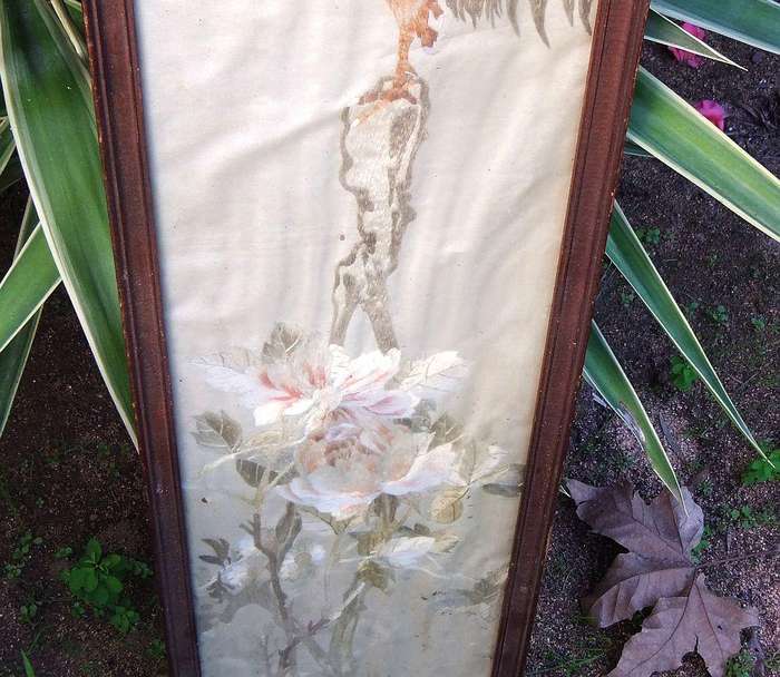 A late 1800`s Japanese silk embroidery of cockerel and peony