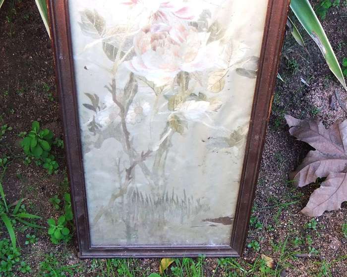 A late 1800`s Japanese silk embroidery of cockerel and peony