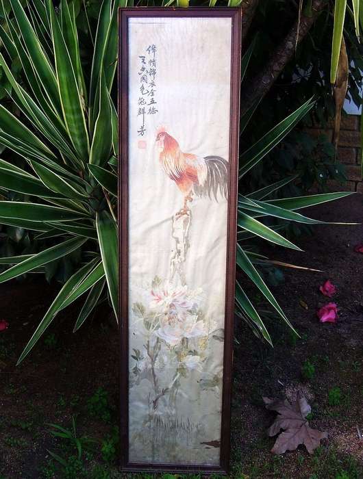A late 1800`s Japanese silk embroidery of cockerel and peony