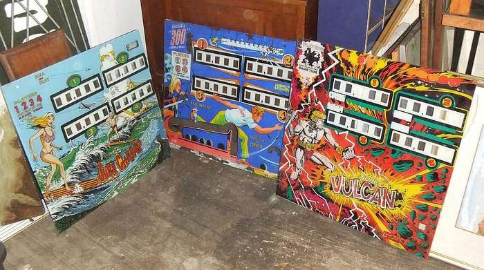 Three vintage 1970`s pinball machine back glasses - collection / personal delivery only
