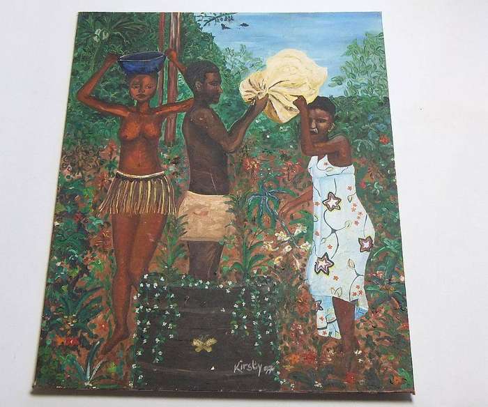 An original oil on board painting depicting people going about their chores signed Kirsty