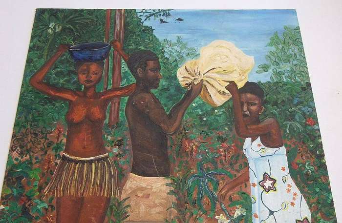 An original oil on board painting depicting people going about their chores signed Kirsty
