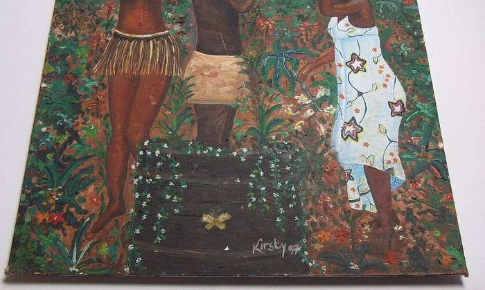 An original oil on board painting depicting people going about their chores signed Kirsty