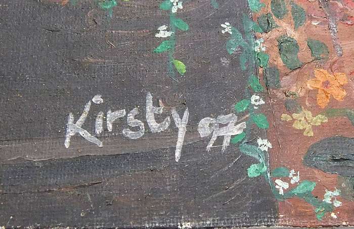 An original oil on board painting depicting people going about their chores signed Kirsty