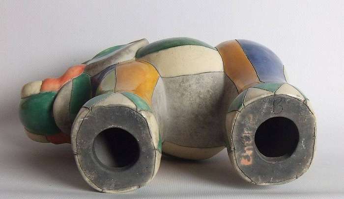 A large signed hand painted Raku pottery elephant figure in prestine condition